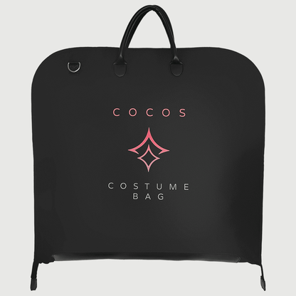 Durable black cosplay costume bag with handles, ideal for travel and wrinkle-free storage, featuring stylish design and logo.