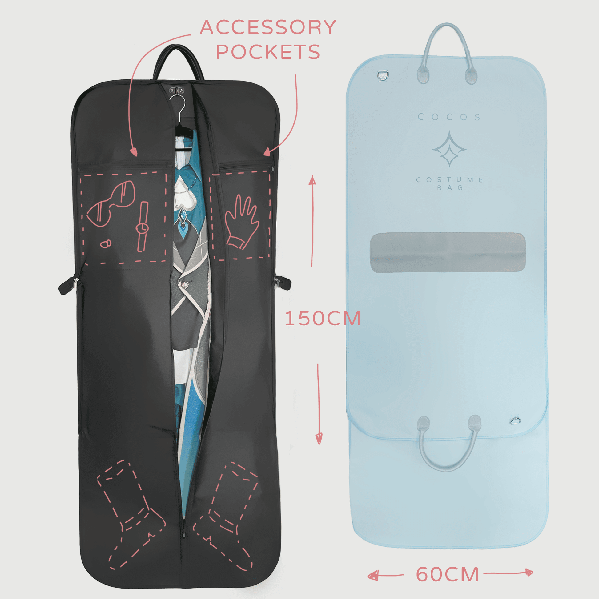 "Expandable cosplay costume bag with accessory pockets, 150×60 cm size, ideal for wrinkle-free travel and storage"